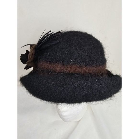 HAND-FELTED WOOL CLOCHE HAT with Feathers Wool Flower made in USA by Hat Hautees - Picture 5 of 10